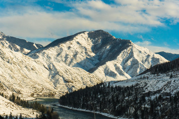 Mountain river Katun, Altai, Russia. A winter scenic.
