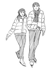 Sketch of young couple on a ice rink. Hand drawn illustration.