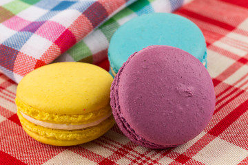Colorful macaroon on tablecloth