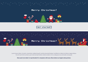 Pixel christmas banners set of Santa Claus dancing near christmas tree, red sock, gift and sweets, Santa riding reindeers on xmas sleigh to wish you happy new year. Two website banners with copy space
