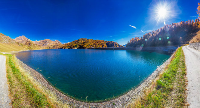 Lake Ritom in Swiss Alps near Gotthard, Piora, Ticino, Switzerland