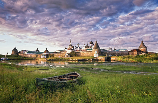 Sunset view of the Solovetsky Spaso-Preobrazhensky Transfiguration Monastery (iconic view). White Sea, Russia, Arkhangelsk region, Solovki island