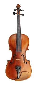 Violin (fiddle) front view isolated on white background with clipping path. String instrument of the violin family.