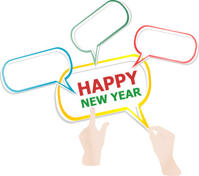 Hand drawn speech bubbles on Happy New Year background.