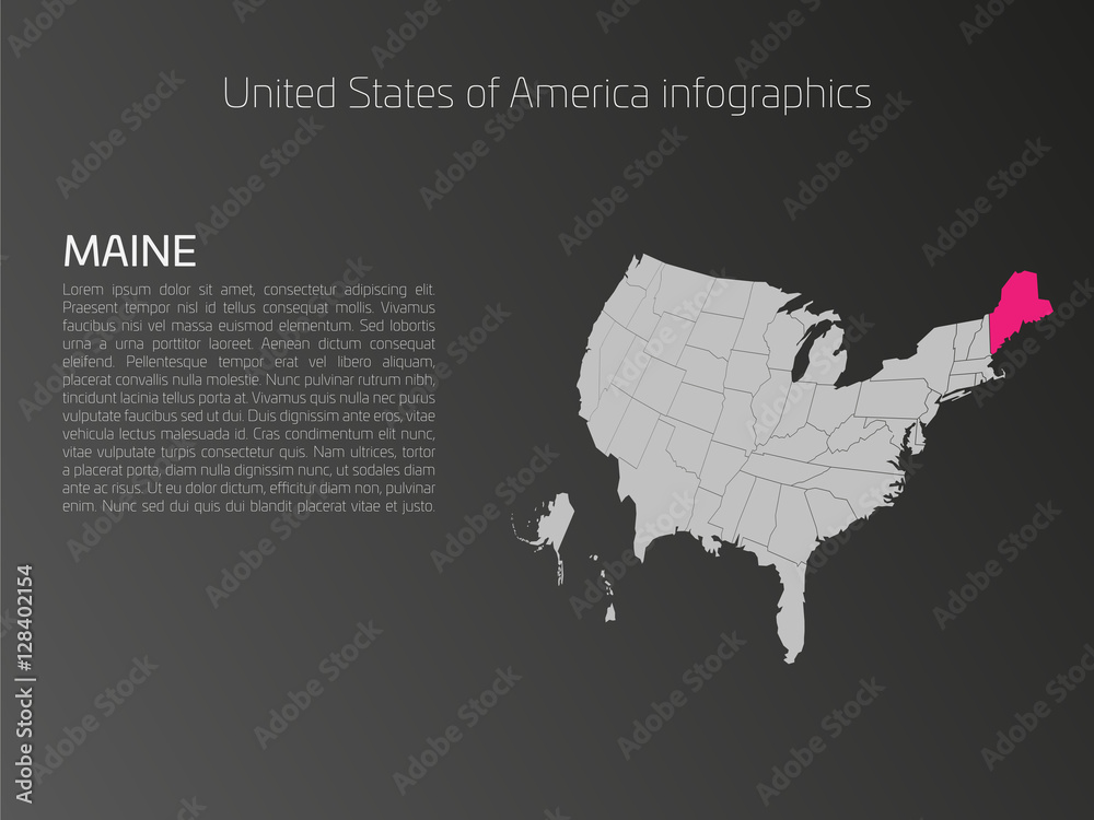 Canvas Prints United States of America, aka USA or US, map infographics template. 3D perspective dark theme with pink highlighted Maine, state name and text area on the left side.