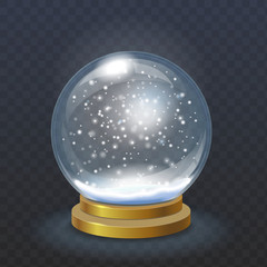 Realistic christmas snow globe isolated on transparent checkered background vector. Winter in glass ball