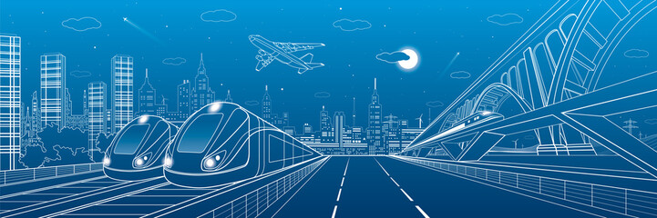 Automobile highway, infrastructure and transportation panorama, airplane fly, train move on the bridge, two locomotives in depot, night city, towers and skyscrapers, urban scene, vector design art © panimoni