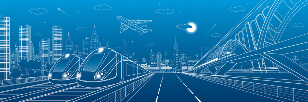 Automobile highway, infrastructure and transportation panorama, airplane fly, train move on the bridge, two locomotives in depot, night city, towers and skyscrapers, urban scene, vector design art