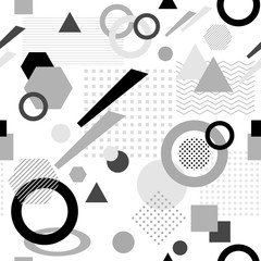 Abstract seamless pattern in postmodern Memphis Style  black  grey on white