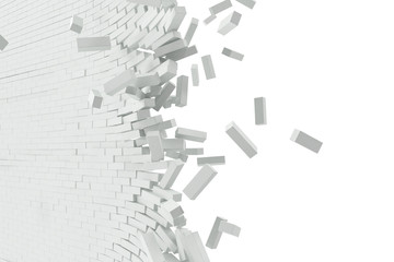 Destruction of a white wall with blank text. 3d illustration