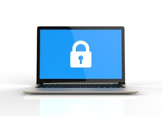 3D Isolated Blue Laptop Padlock Password Lock. Safe Safety Priva