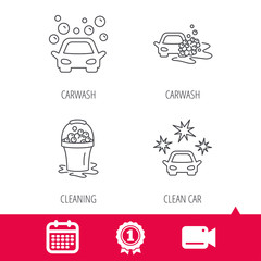 Achievement and video cam signs. Car wash icons. Automatic cleaning station linear signs. Wet cleaning and foam bucket flat line icons. Calendar icon. Vector