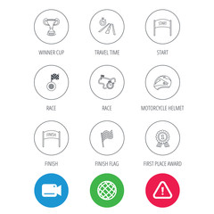 Winner cup and award icons. Race flag, motorcycle helmet and timer linear signs. Road travel, finish and start flat line icons. Video cam, hazard attention and internet globe icons. Vector