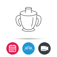 Toddler spout cup icon. Baby mug sign. Flip top feeding bottle symbol. Group of people, video cam and calendar icons. Vector