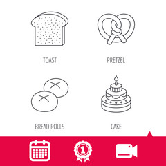 Achievement and video cam signs. Cake, pretzel and bread rolls icons. Toast linear sign. Calendar icon. Vector