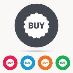 Buy icon. Online shopping star symbol. Colored circle buttons with flat web icon. Vector