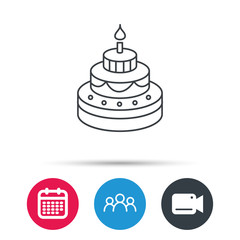 Fototapeta na wymiar Cake icon. Birthday delicious dessert sign. Sweet food with candle symbol. Group of people, video cam and calendar icons. Vector