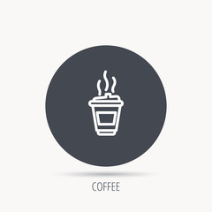 Coffee icon. Takeaway glass sign. Hot drink in mug symbol. Round web button with flat icon. Vector