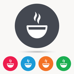 Coffee cup icon. Hot tea drink symbol. Colored circle buttons with flat web icon. Vector