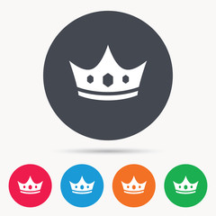 Crown icon. Royal throne leader symbol. Colored circle buttons with flat web icon. Vector