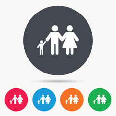 Family icon. Father, mother and child symbol. Colored circle buttons with flat web icon. Vector