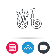 Fire hose reel icon. Fire station sign. Group of people, video cam and calendar icons. Vector