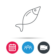 Fish icon. Fishing sign. Natural seafood symbol. Group of people, video cam and calendar icons. Vector