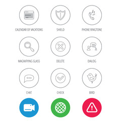 Fototapeta premium Phone ringtone, chat speech bubble icons. Shield, dialog and magnifier linear signs. Bird, calendar of vacations icons. Video cam, hazard attention and internet globe icons. Vector