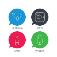 Colored speech bubbles. Photo, social media and rocket icons. Open lock linear sign. Flat web buttons with linear icons. Vector
