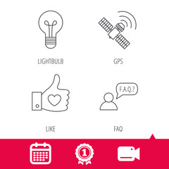 Achievement and video cam signs. GPS, question and lightbulb icons. Thumb up, like linear sign.  Calendar icon. Vector