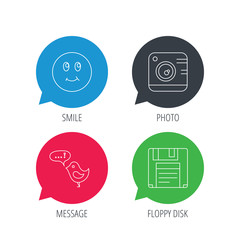 Colored speech bubbles. Photo camera, floppy disk and message icons. Smiling face linear sign. Flat web buttons with linear icons. Vector