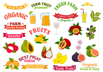 Fruit juice signs. Juicy fresh fruits icons set