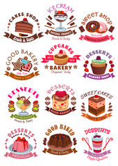 Sweet desserts, cakes, cupcakes vector icons