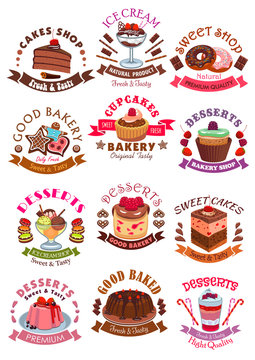 Sweet desserts, cakes, cupcakes vector icons