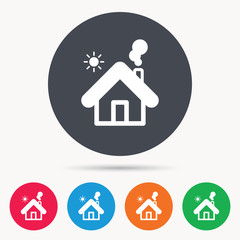 Home icon. House building symbol. Real estate construction. Colored circle buttons with flat web icon. Vector