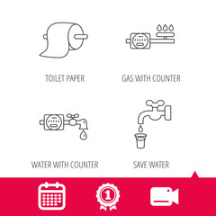 Achievement and video cam signs. Toilet paper, gas and water counter icons. Save water linear sign. Calendar icon. Vector