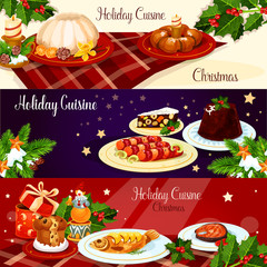 Christmas dinner dishes with holly and gift banner
