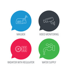 Colored speech bubbles. Water supply, video camera and mailbox icons. Radiator with regulator linear sign. Flat web buttons with linear icons. Vector