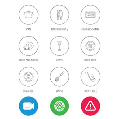 Kitchen knives, glass and pan icons. Food and drink, coffee cup and whisk linear signs. Soup ladle, heat-resistant and DEHP, BPA free icons. Video cam, hazard attention and internet globe icons