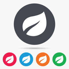 Leaf icon. Fresh organic product symbol. Colored circle buttons with flat web icon. Vector