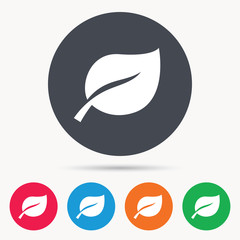 Leaf icon. Fresh organic product symbol. Colored circle buttons with flat web icon. Vector