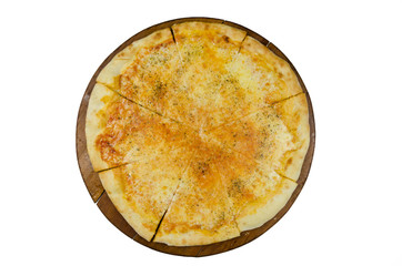 pizza with cheese without meat on a wooden base