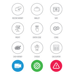 Cash money, safe box and calculator icons. Safe box, cheque and dollar usd linear signs. Profit investment, wallet and coins icons. Video cam, hazard attention and internet globe icons. Vector