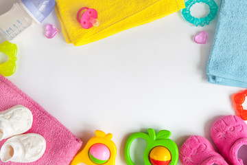 baby bottle with milk on white background top view