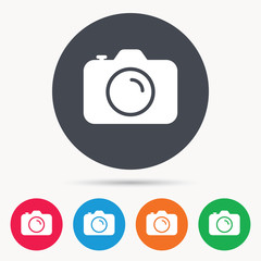 Camera icon. Professional photocamera symbol. Colored circle buttons with flat web icon. Vector