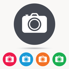 Camera icon. Professional photocamera symbol. Colored circle buttons with flat web icon. Vector