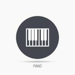 Piano icon. Royal musical instrument sign. Round web button with flat icon. Vector