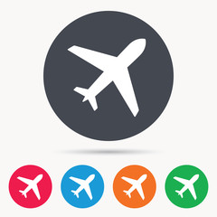 Plane icon. Flight transport symbol. Colored circle buttons with flat web icon. Vector