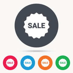 Sale icon. Special offer star symbol. Colored circle buttons with flat web icon. Vector