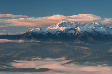 Autumn panorama from Pieniny over Spisz highland to snowy Tatra mountains in the morning, Poland
